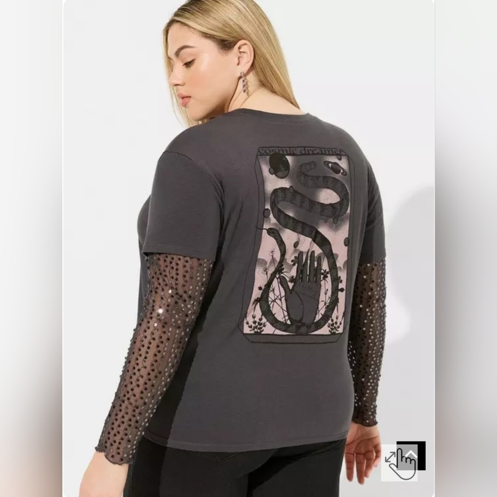 Torrid Black Graphic Tee with Sequin Sleeves - Picture 2 of 10